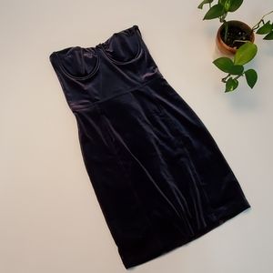 Strapless blue velvet mini dress